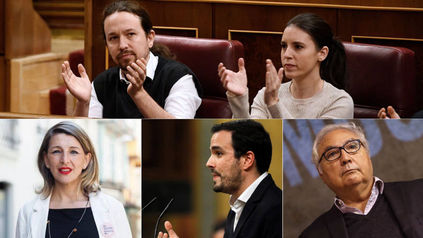 Ministros de Unidas Podemos: Pablo Iglesias, Irene Montero, Yolanda Díaz, Alberto Garzón y Manuel Castells