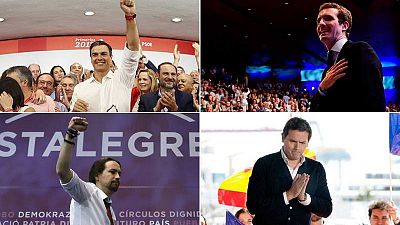 Pedro Sáncehz, Pablo Casado, Pablo Iglesias y Albert Rivera, candidatos de PSOE, PP, Podemos y Ciudadanos a la Presidencia del Gobierno.