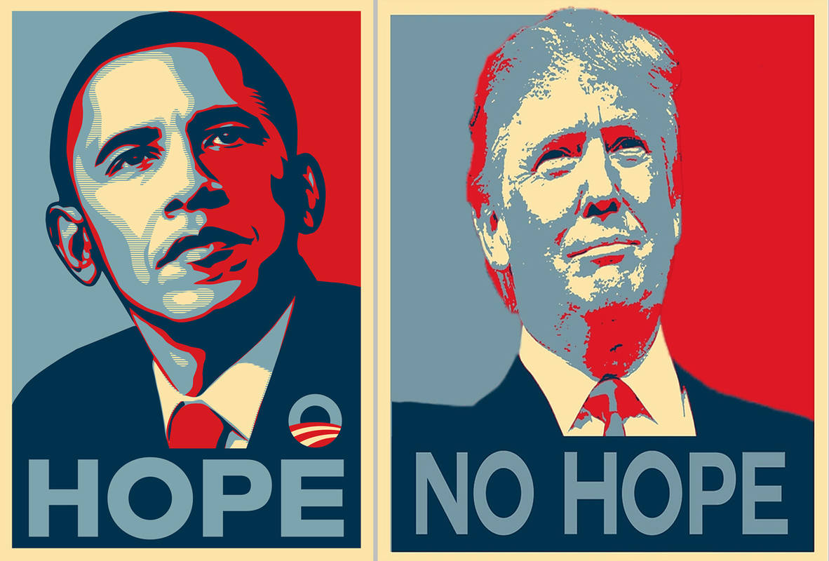 Combinación de imágenes: izquierda, imagen viral de la campaña de Barack Obama en 2008 y el lema