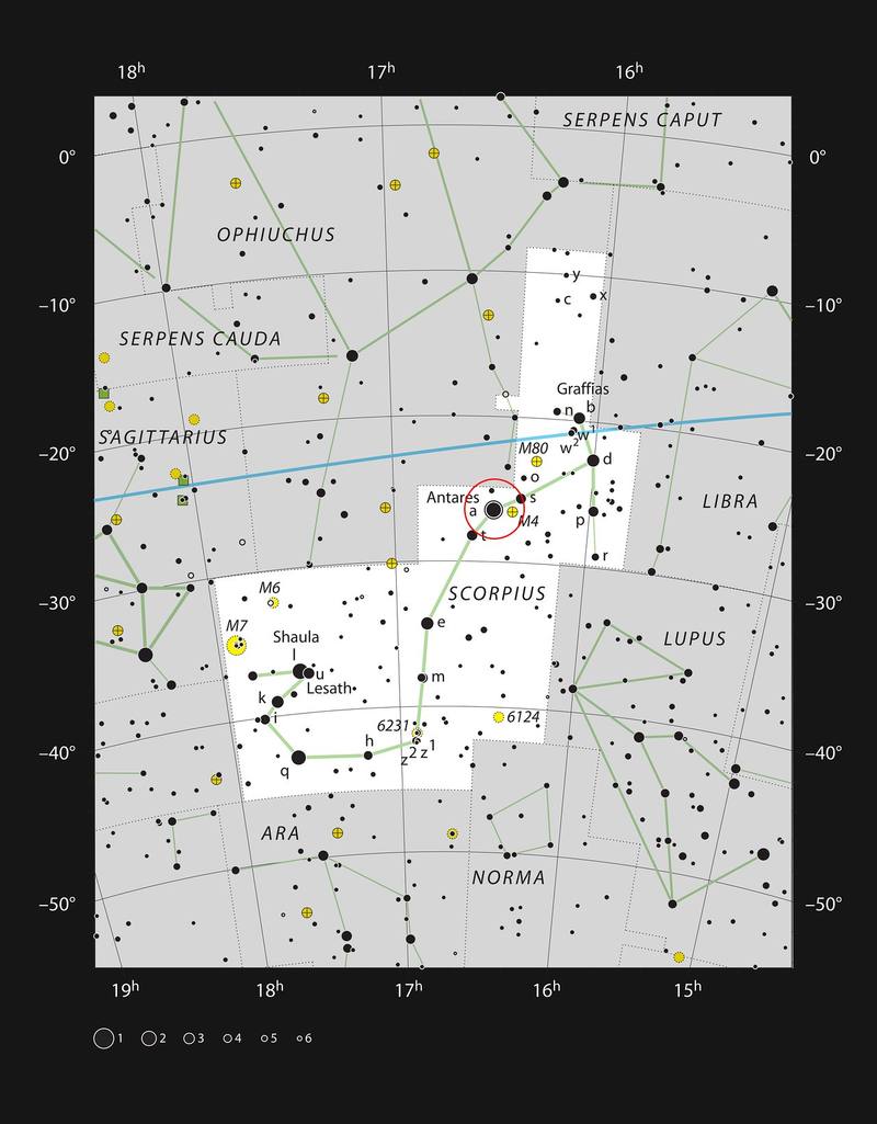 Gráfico que muestra la constelación de Escorpio. En el corazón de este grupo de estrellas se encuentra la supergigante roja Antares. ESO