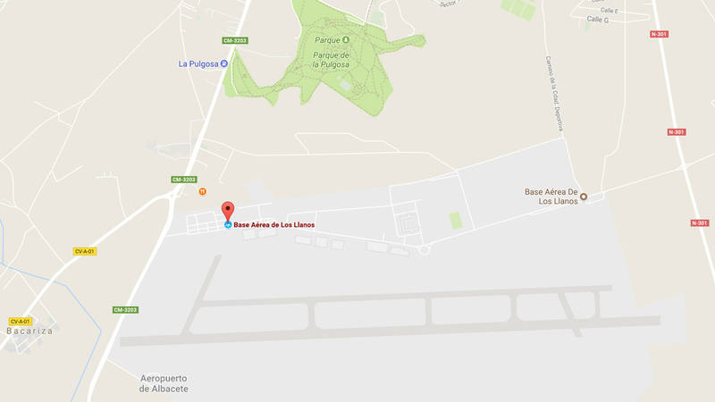 Mapa con la localización de la base aérea de Los Llanos y el parque de La Pulgosa, en Albacete (Google Maps)