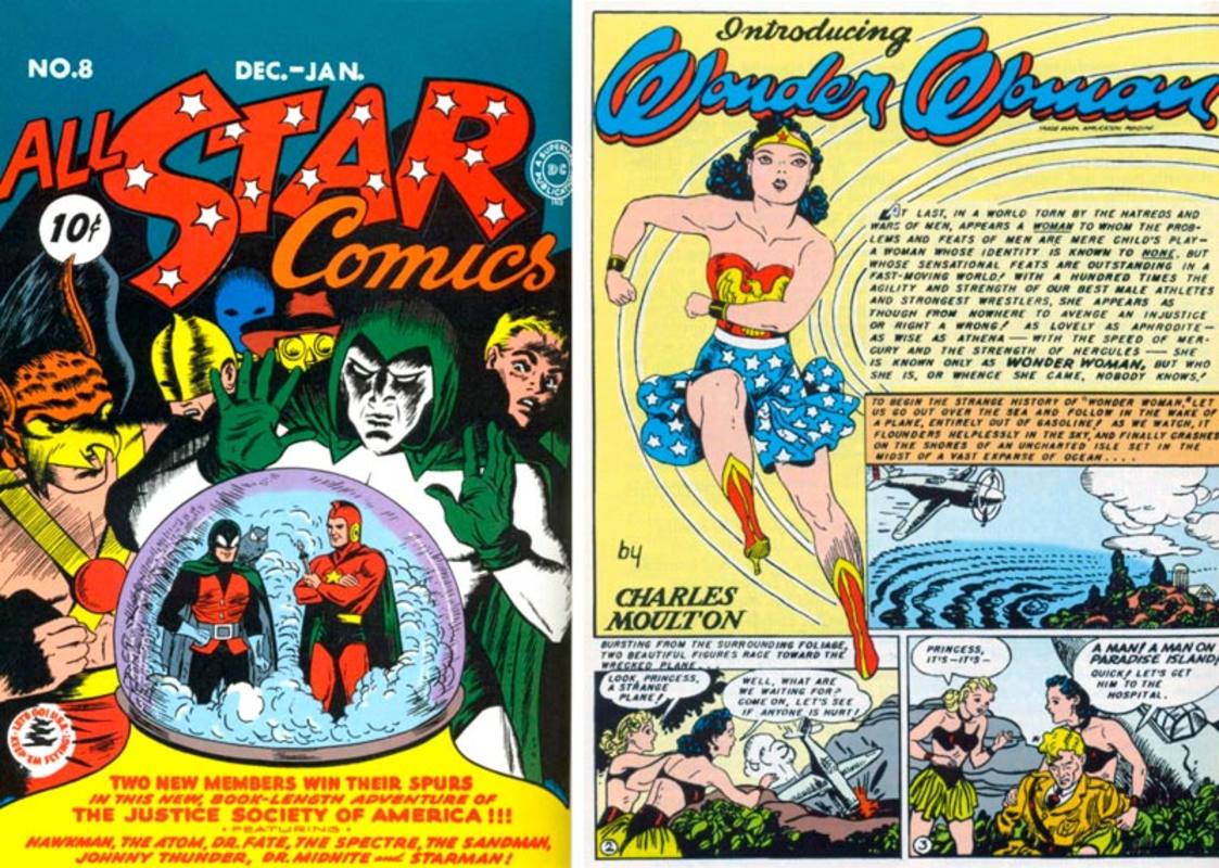 Portada de 'All Star Comics #8' (1941) y primera página de la aventura de Wonder Woman