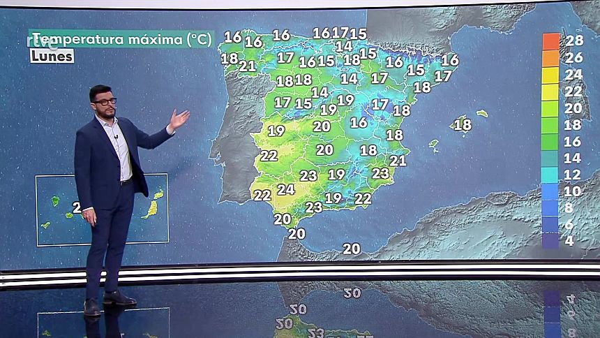 Probabilidad de bancos de niebla matinales en montañas del norte y sur, así como en la Meseta y probabilidad de calima en Baleares