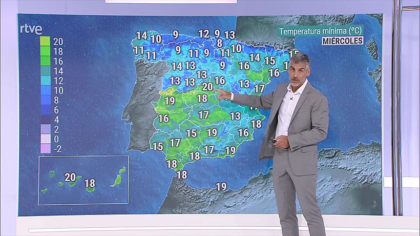 Se esperan nubes matinales en Galicia, Cantábrico y área mediterránea, sin descartar precipitaciones débiles en el Estrecho, Melilla o sur de Valencia, así como algún chubasco en el este de Cataluña