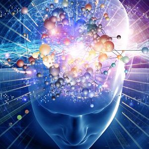 A golpe de bit - Una imagen futurista y abstracta muestra una silueta azul de una cabeza humana con el cerebro visible, lleno de esferas interconectadas. Flujos de datos numéricos y formas geométricas sugieren la conexión entre la mente y la tecnología.