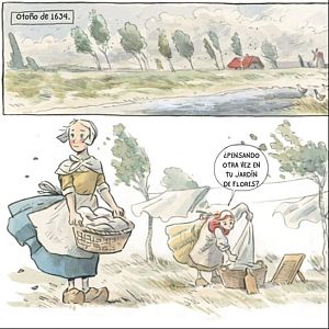 Territorio 9 - Dos mujeres lavan ropa en un día ventoso de otoño de 1634. Una pregunta a la otra si está pensando en su jardín de flores, mientras la ropa ondea al viento.
