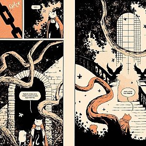 Territorio 9 - Página de cómic en tonos negros, crema y naranja donde dos personajes felinos exploran un misterioso y decadente palacete invadido por la vegetación.