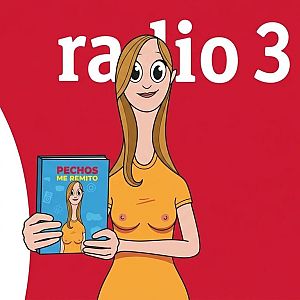 Aliquindoi - Ilustración de estilo cómic donde una mujer caricaturesca de cuello largo sostiene un libro azul con el título 'PECHOS ME REMITO'.