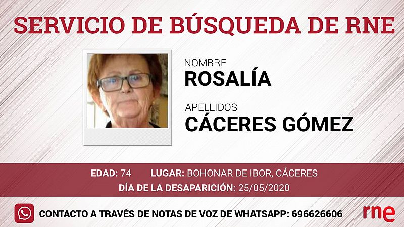 Servicio de búsqueda - Rosalía Cáceres Gómez, desaparecida en Bohonar de Ibor, Cáceres - Escuchar ahora