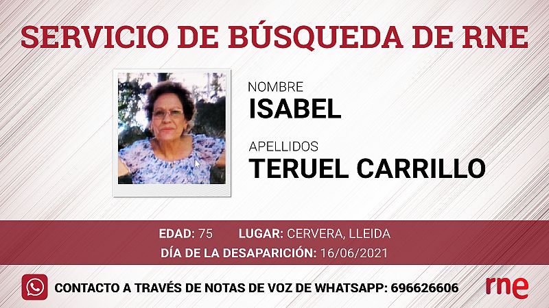 Servicio de búsqueda - Isabel Teruel Carrillo, desaparecida en Cervera, Lleida - Escuchar ahora