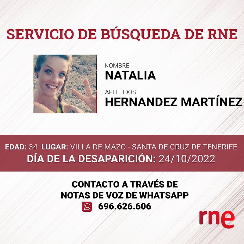 Servicio de bsqueda - Natalia Hernndez Martnez, desaparecida en Villa de Mazo - Santa Cruz de Tenerife - escuchar ahora