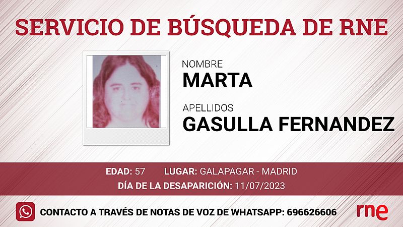 Servicio de bsqueda - Marta Gasulla Fernandez, desaparecido en Galapagar - Madrid - escuchar ahora