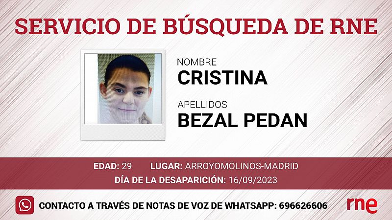 Servicio de bsqueda - Cristina Berzal Pendan, desaparecido en Arroyomolinos - Madrid - escuchar ahora