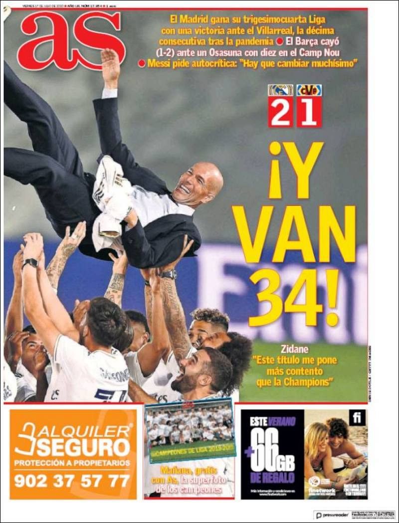 La conquista de la 34ª Liga del Madrid en las portadas.
