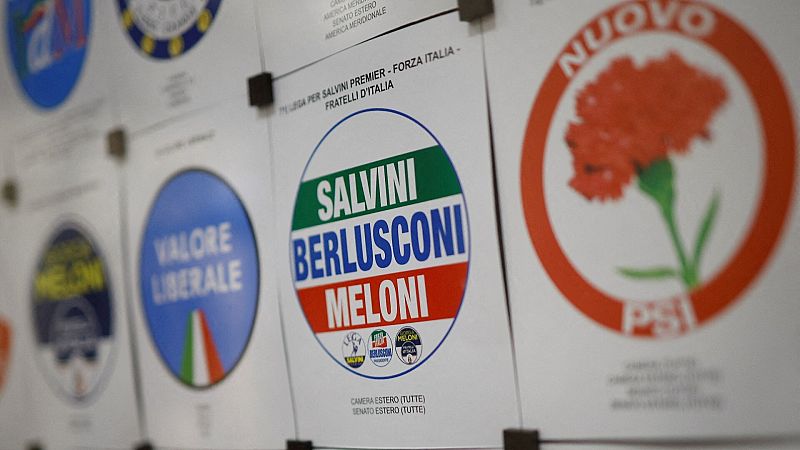 El símbolo de la coalición entre Forza Italia, Hermanos de Italia y la Liga, en el centro de un cartel con los logotipos de otros partidos para las elecciones en Italia. REUTERS/Guglielmo Mangiapane