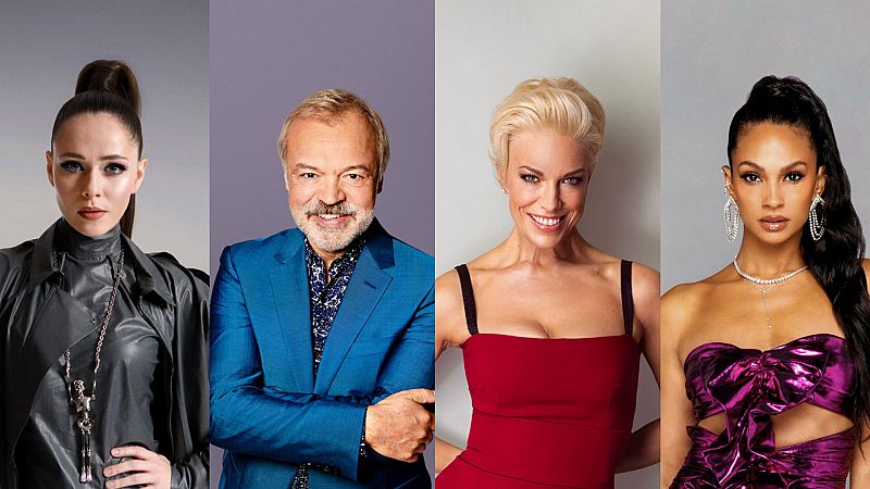Julia Sanina, Graham Norton, Hannah Waddingham y Alesha Dixon, presentadores de Eurovisión 2023