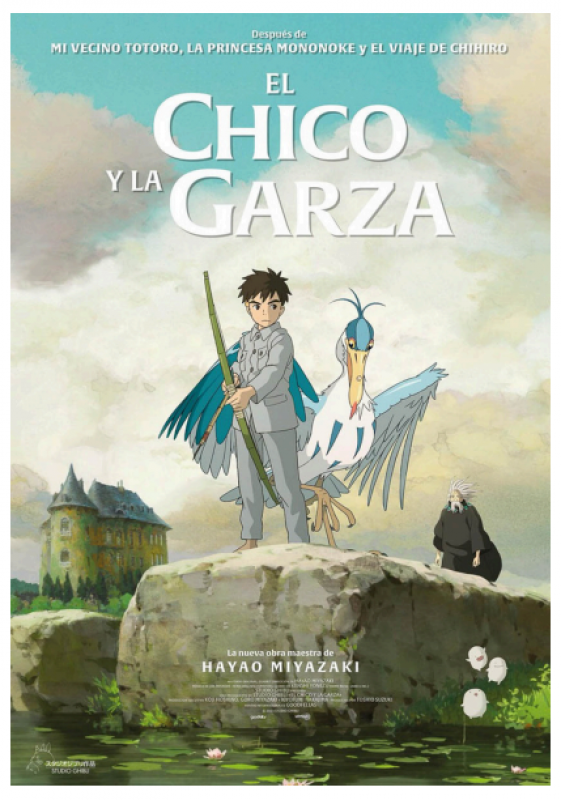 Ilustración de un chico con arco y flechas junto a una garza, ante un castillo.  Escena de la película de animación "El Chico y la Garza", de Hayao Miyazaki.