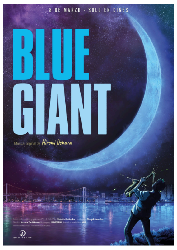 Silueta de saxofonista tocando en escena nocturna, con ciudad iluminada y título "BLUE GIANT" en azul sobre fondo estrellado. Música original de Hiromi Uehara.