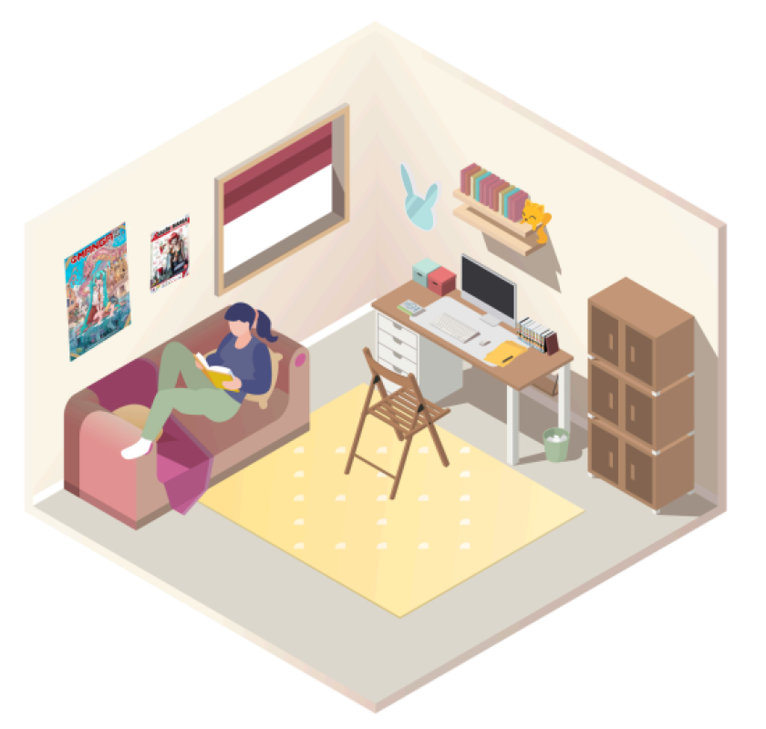 Joven leyendo en sofá; escritorio con ordenador, libros y objetos; habitación con detalles decorativos en paredes y suelo.