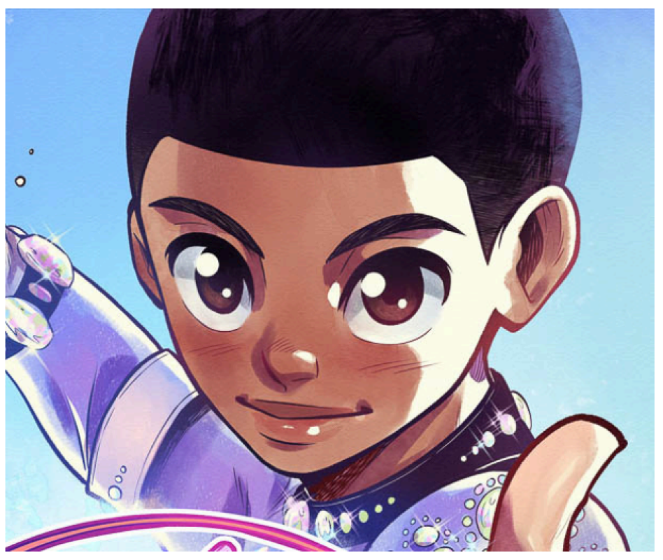 Ilustración manga de niño con ropa lila y detalles brillantes, brazo extendido.  Acompaña a la frase "Travessant Fronteres: Manga i altres horitzons. Informatius".