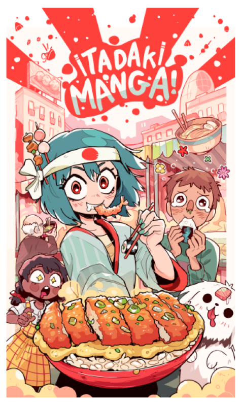 Escena festiva con personas disfrutando comida japonesa:  Katsudon, sushi, gambas.  Una niña con kimono come con entusiasmo, otros observan con asombro.