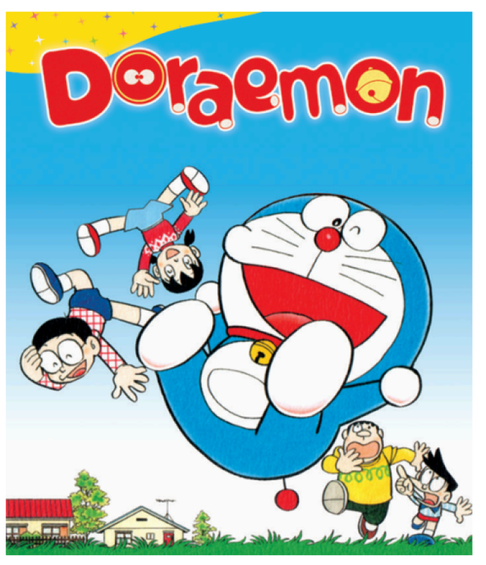 Doraemon, alegre, observa a dos niños caer del cielo; otros dos niños reaccionan con sorpresa desde el suelo. Escena animada con casas al fondo.
