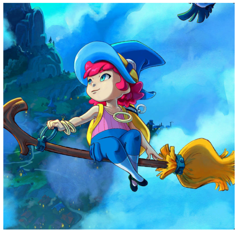 Bruja joven volando en escoba sobre paisaje montañoso.  Ilustración para videojuego informativo, estilo colorido y suave.