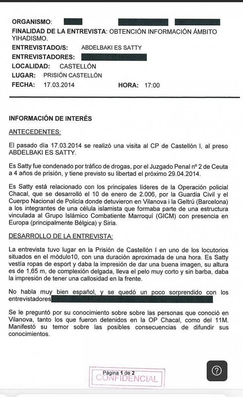 Entrevista a preso en prisión el 17/03/2014 sobre yihadismo y su vinculación con la Operación Chacal.  El entrevistado, de complexión delgada y pelo corto, mostró temor a las consecuencias de su colaboración.