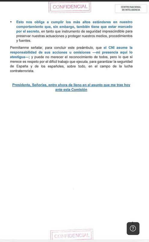 Documento confidencial del CNI sobre seguridad, secreto y responsabilidad en la lucha antiterrorista.  Posible transcripción de declaración, recientemente desclasificada.