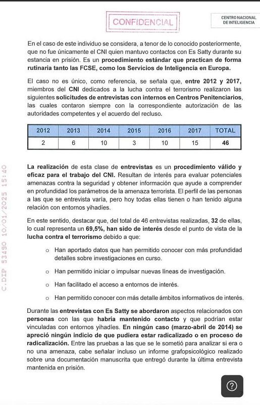 Informe CNI sobre 46 entrevistas a un recluso entre 2012-2017, 32 relevantes para la lucha antiterrorista. Incluyen análisis grafopsicológico.