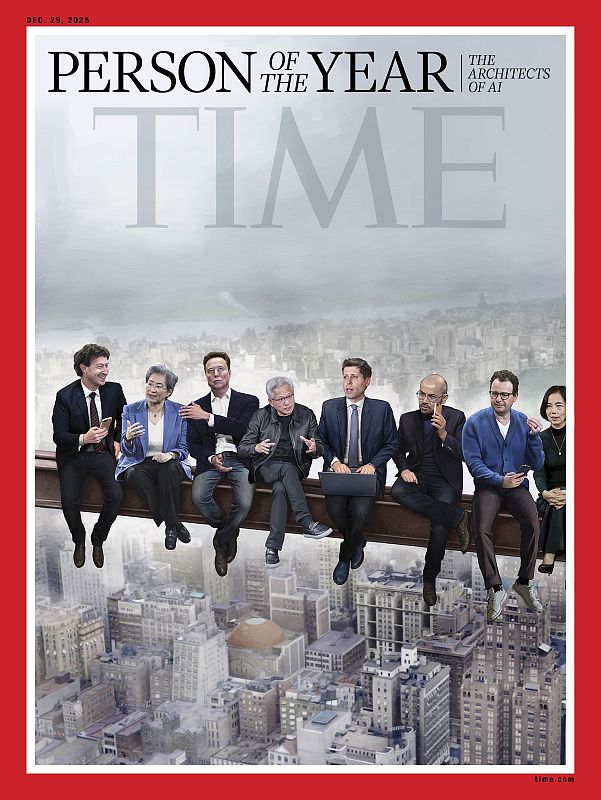 La portada de la revista Time muestra a ocho personas posando sobre una viga de acero con una ciudad de rascacielos como telón de fondo. Los individuos, vestidos con atuendos variados, parecen ser los "Arquitectos de la IA", Personas del Año 2025.
