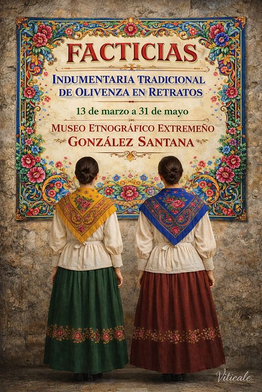 Dos mujeres con trajes tradicionales, una con falda verde y pañuelo amarillo, y otra con falda marrón y pañuelo azul, contemplan un cartel con diseño floral colgado en una pared de piedra.