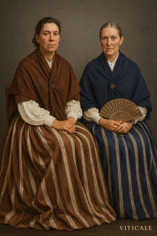 Mujeres de gala. Amplias faldas y pañuelos de seda o lana que , unidos en el pecho, dan privacidad al torso femenino