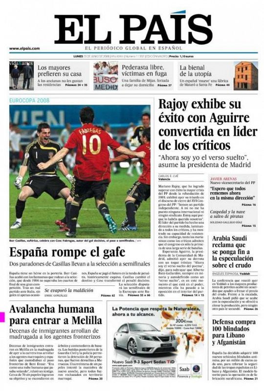 Portada de la edición impresa de 'El País'