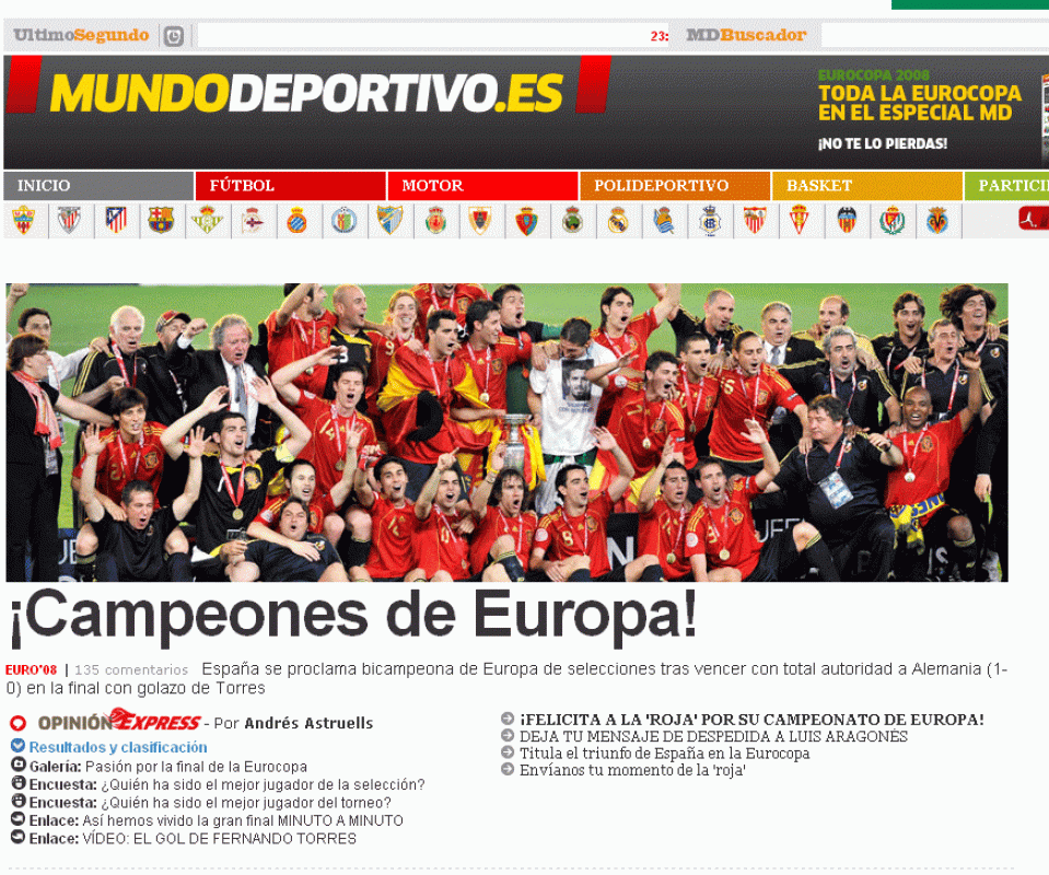 Sobre el titular ¡Campeones de Europa! se ofrece una foto de los jugadores del equipo completo de la selección