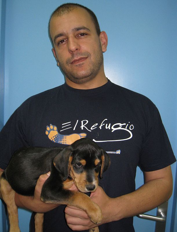 Un voluntario de El Refugio sostiene en brazos a un cachorro en adopción.