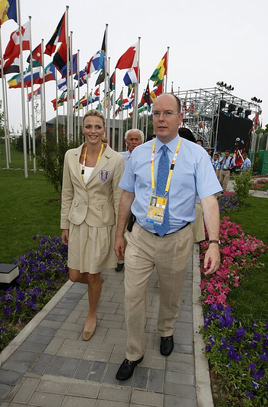 Prince Albert of Monaco and his friend Wittstock attend the Monaco flag raising ceremony in the Olympic Village at the Beijing 2008 Olympic Games