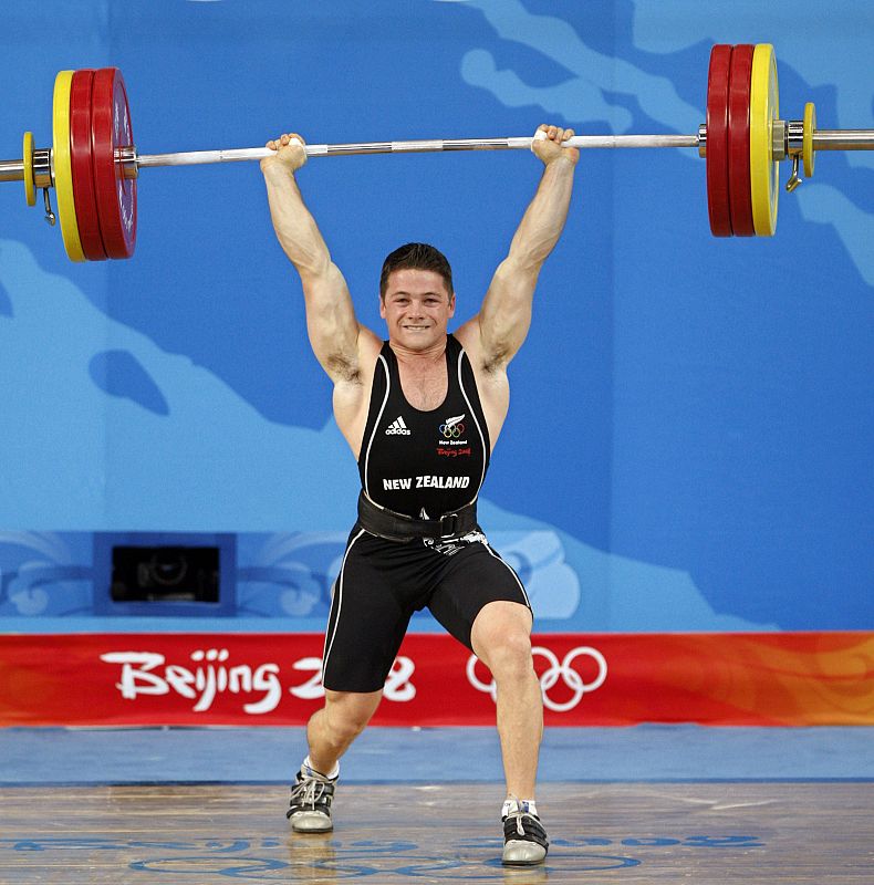 Mark Spooner of New Zealand competes in the men's 69kg Group C clean and jerk weightlifting competition at the Beijing 2008 Olympic Games