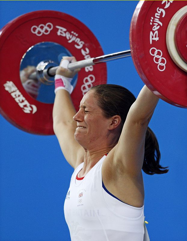 Michaela Breeze of Britain competes in the women's 63kg Group B snatch weightlifting competition at the Beijing 2008 Olympic Games