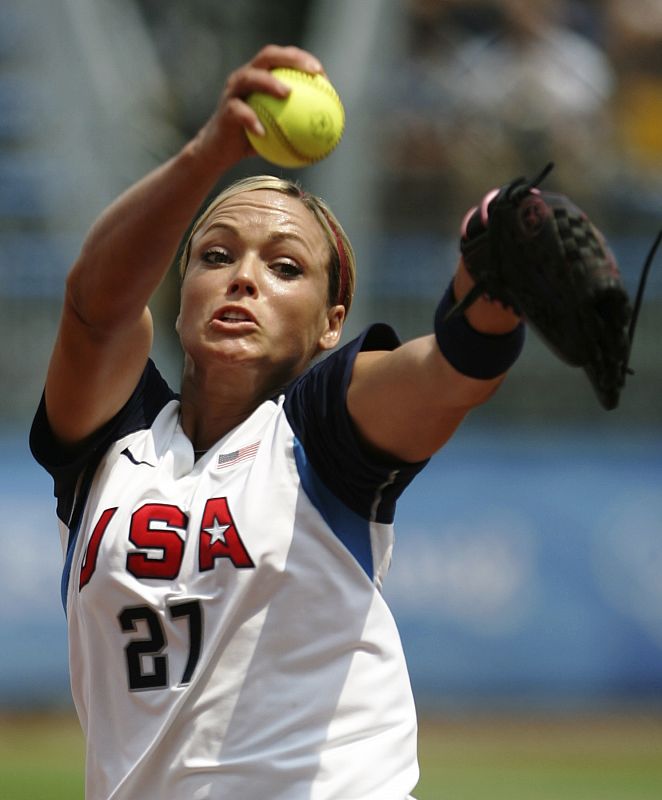 Jennie Finch of U.S. pitches to Venezuela during softball game at Beijing 2008 Olympic Games