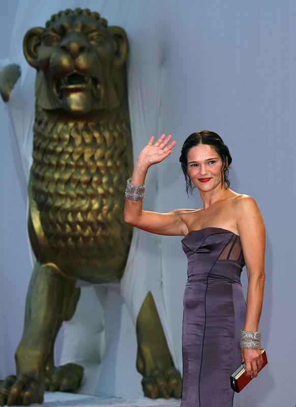 Italian actress Chiara Caselli poses during the red carpet event for the "Birdwatchers" movie, directed by Marco Bechis, at the Venice Film Festival