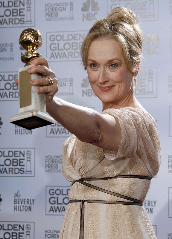 Streep holds her award for best actress in a comedy or musical motion picture at the 64th annual Golden Globe Awards in Beverly Hills