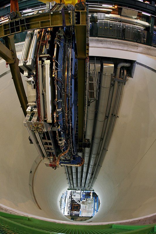 The last element of the ATLAS experiment is lowered into the cave at the CERN in Meyrin near Geneva