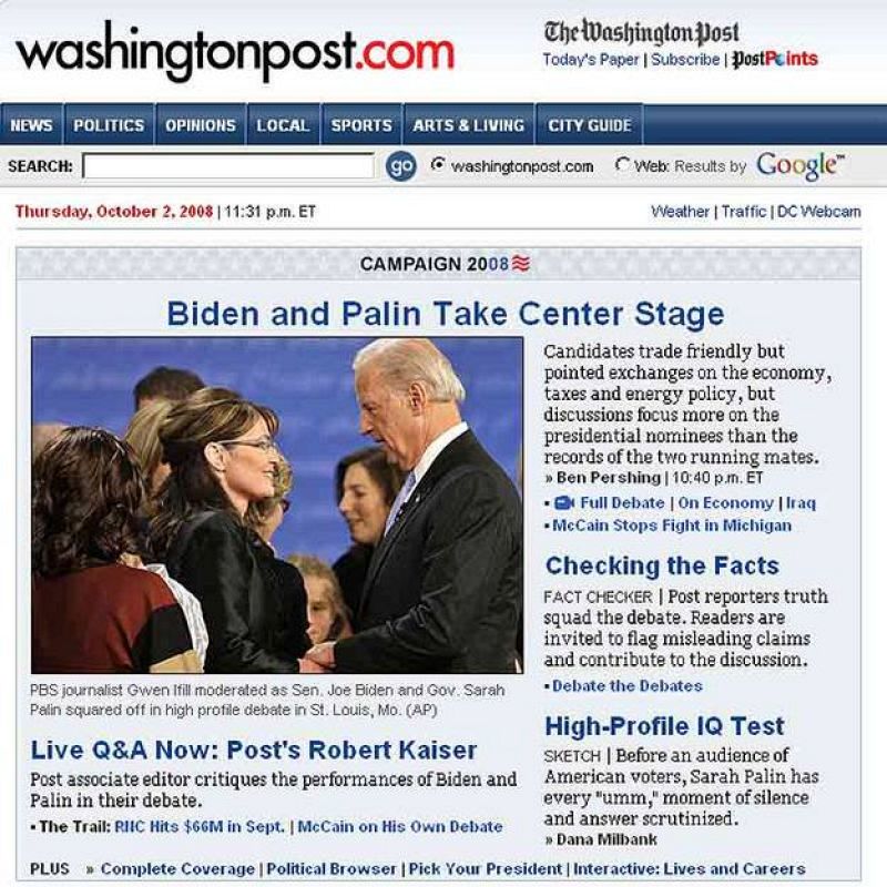 Portada del Whasington Post después del debate Palin-Biden