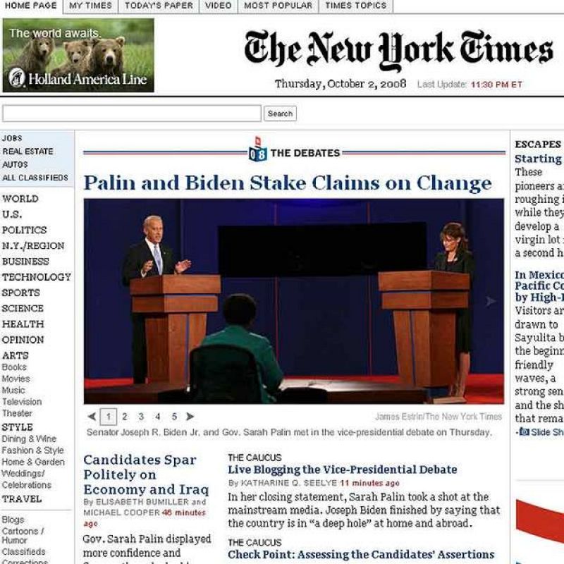 Portada de The New York Times tras el debate Palin-Biden