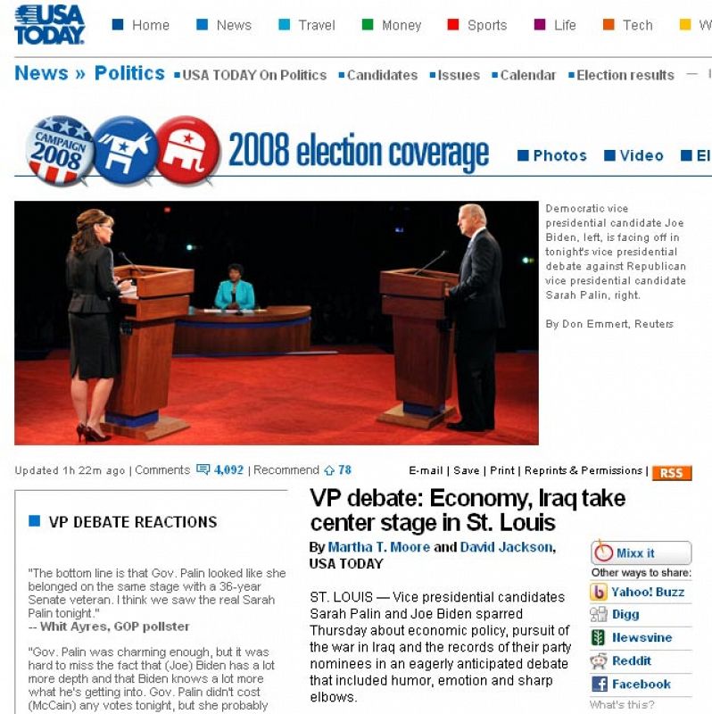 Portada del USA Today sobre el debate entre Biden y Palin