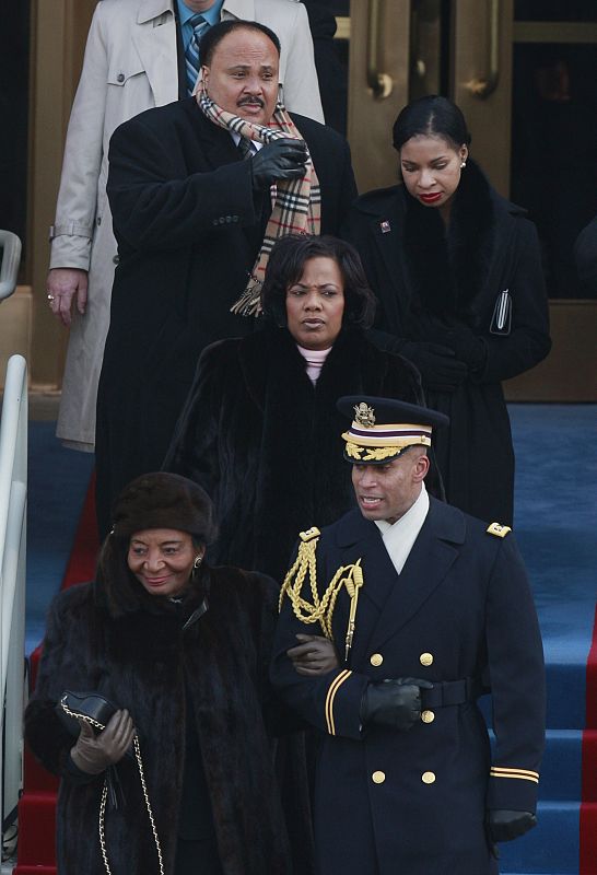 Martin Luther King III and his sister Bernice King are escorted to their seats prior to the inauguration ceremony in Washington