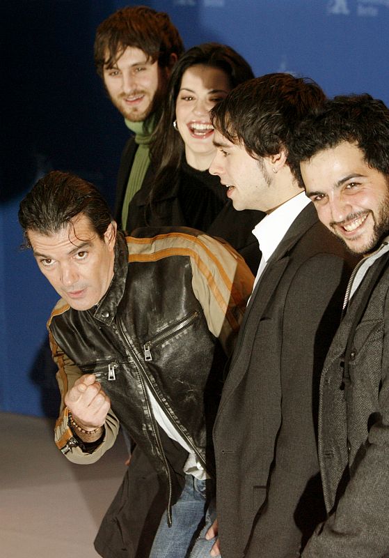 Spanish actor and director Banderas poses with his compatriot actors during a photocall at the 57th Berlinale International Film Festival in Berlin