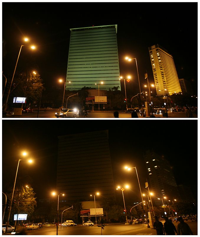 A combination picture shows a view of Mumbai's Trident hotel and Air India office and before and during Earth Hour in Mumbai