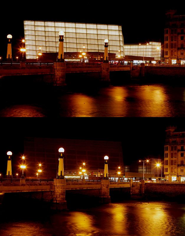 EL PALACIO KURSAAL EN SAN SEBASTIÁN ANTES Y DURANTE EL APAGÓN SIMULTÁNEO